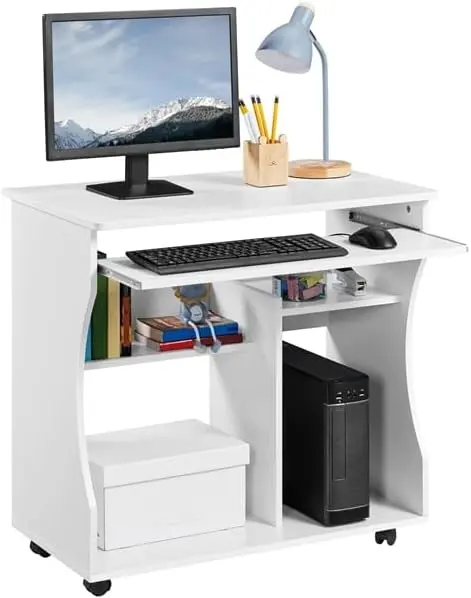 Mesa Escritorio con Ruedas Mesa de Oficina con Bandeja Extraíble 80x48x76 cm Escritorio Ordenador con Cajones para PC Impresora Despacho Estudio Blanco - 1