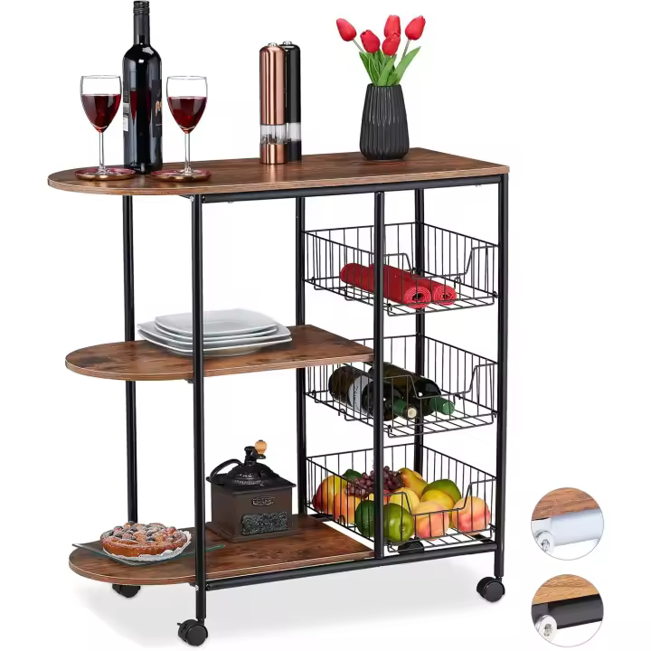 Carro Servicio, Carrito Cocina con 3 estantes y 3 cestas, Industrial, Metal y MDF, 84x83x37 cm, Negro/Marrón - 1