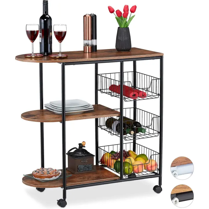 Carro Servicio, Carrito Cocina con 3 estantes y 3 cestas, Industrial, Metal y MDF, 84x83x37 cm, Negro/Marrón - 1