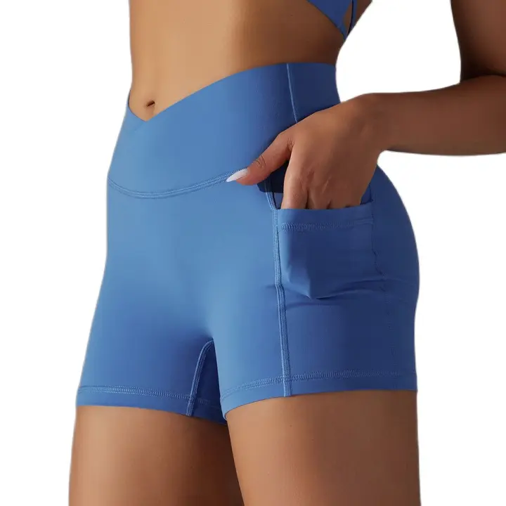 Hamidou-pantalones cortos de gimnasio cruzados para mujer, pantalones cortos de Yoga con bolsillos, mallas de entrenamiento para mujer, pantalones cortos de cintura alta, realce de glúteos - 1
