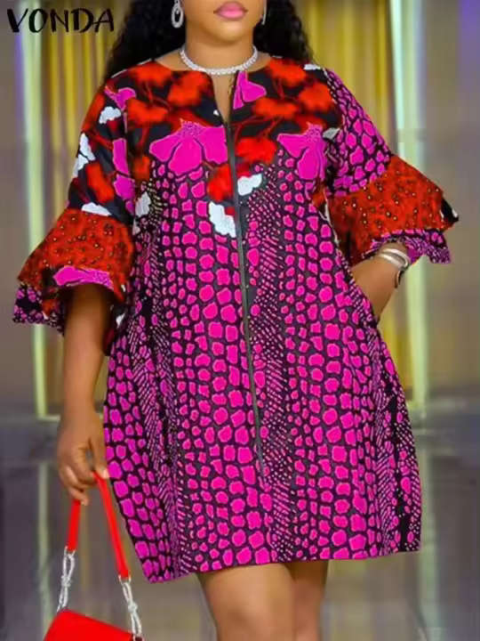 Vestido de talla grande 5XL VONDA para mujer, estampado bohemio, Vintage, corto, manga acampanada, Vestido veraniego para fiesta, Vestido informal para mujer 2025 - 1