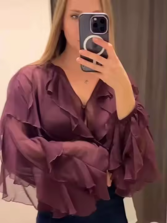 Mini Vestidos elegantes lisos con blusa para mujer, cuello en V, manga larga, empalmado con cordones, vestido de estilo dulce, novedad de 2025, Vestidos de fiesta callejera - 1