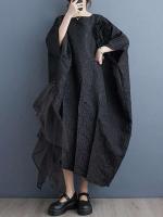 EAM mujeres negro tamaño grande encaje empalmado 3D wer vestido nuevo cuello redondo manga tres cuartos moda Primavera otoño 2025 31A0706 - details 4