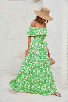 Vestido de temperamento con borde de volantes estampado con cuello de una línea de verano para mujer - details 0
