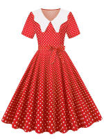 Vestido midi elegante informal para mujer con lunares, cuello Peter Pan, cintura alta y corte en A - details 13