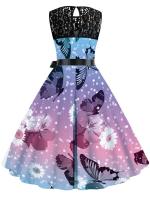 Summer elegant floral print lace women sleeveless a-line vintage midi party dress belt - details 2
