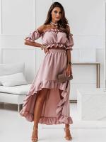 of Vestido liso con volantes para mujer, conjunto de 2 piezas con cuello inclinado, informal, elegante, para fiesta navideña, novedad de verano - details 2