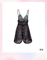 Camisón de encaje transparente negro con estampado de corazones Camisón con tirantes de malla en V profundo Ropa de dormir sexy - details 10