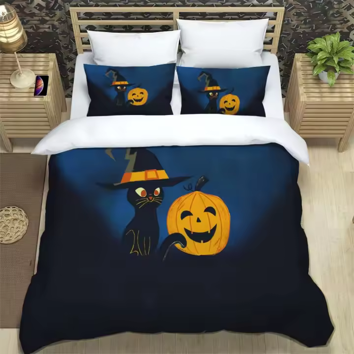 Ropa de cama de poliéster con estampado personalizado de Halloween, suave y cómoda, tamaño completo, juegos de cama con edredón personalizables - 1