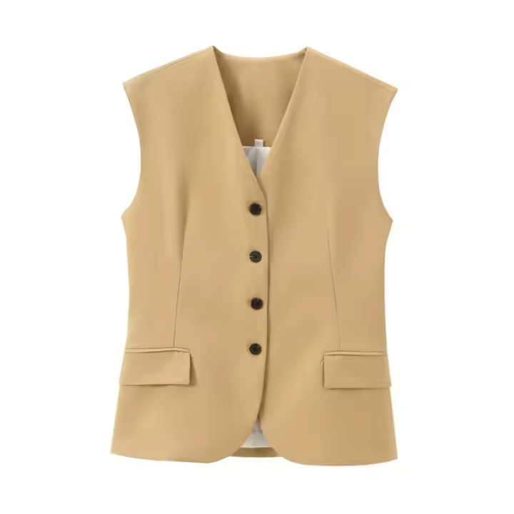 BUNO-Conjunto de 2 piezas con bolsillos para mujer, pantalones con cuello en V, sin mangas, chaleco de una sola botonadura, con cremallera, a la moda, verano, 2025 - 1