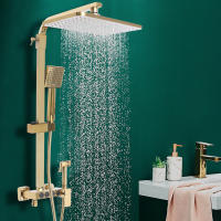 Sistema de ducha de lluvia dorado moderno, juego de ducha montado en la pared con cabezal de ducha de 9x9 pulgadas y ducha de mano de latón - details 0
