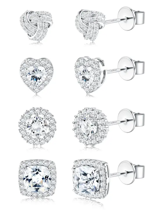 4 pares de pendientes de plata de ley con circonita cúbica para mujer, chapados en oro de 14 quilates, corazón celta brillante, pendientes grandes con circonita cúbica, pendientes para oreja sensible - 1