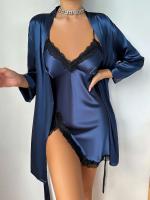 Conjunto de pijama con ribete de encaje de seda, adecuado para que las mujeres usen batas cómodas y pijamas sexys. - details 6