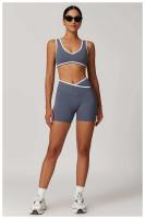 Scrunch - Conjunto de yoga corto para mujer, sujetador relleno en contraste rosa, pantalones cortos cruzados, pantalones deportivos de cintura alta, Fiess Gym Tre, ropa deportiva - details 5