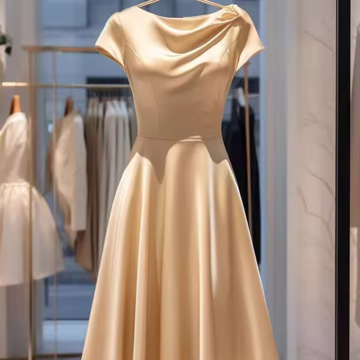 Vestido de satén ligero de lujo de manga corta con temperamento moderno y de alta gama, vestido adelgazante para el verano - 1
