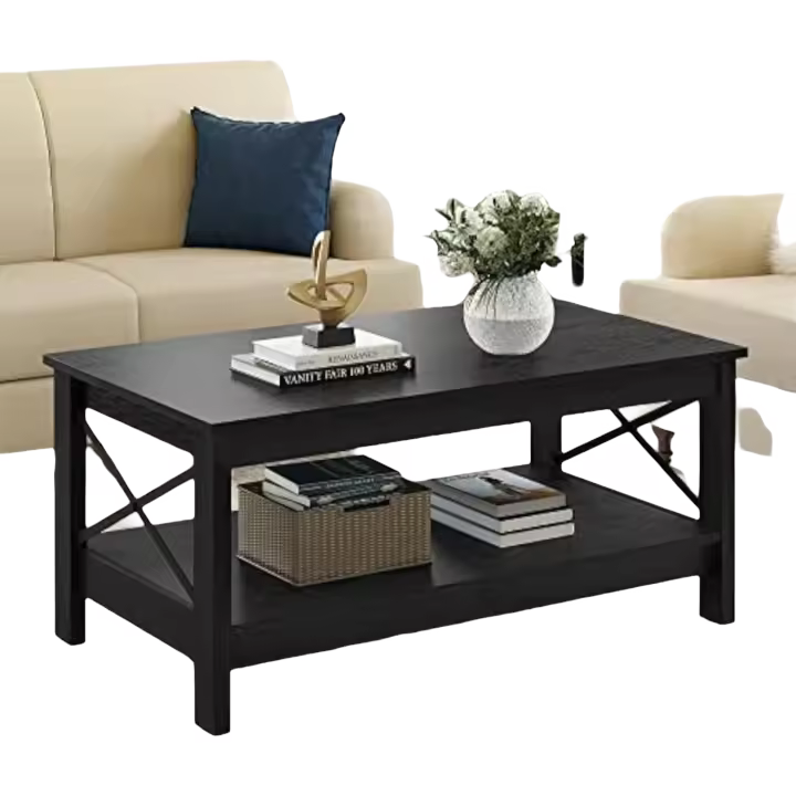 Mesa de Centro Negra con Estante de Almacenamiento, 100 x 55,6 x 45,4 cm, Mesas de Café Modernas de Estilo Rústico para Sala de Estar - 1