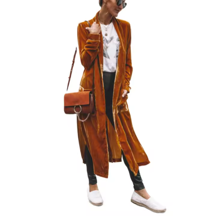 Abrigo largo clásico y moderno para mujer, terciopelo dorado de color sólido, chaqueta holgada elástica a la moda - 1
