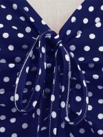 Elegant vintage dot print women summer puff short sleeve v neck casual a-line midi party dress - details 8