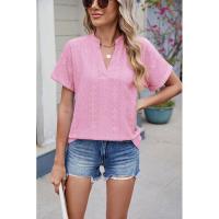 BUNO-2025 Blusas informales para mujer, camisas holgadas de manga corta con cuello de pico de Jacquard bordado a la moda, Tops elegantes de colores sólidos para verano - details 31