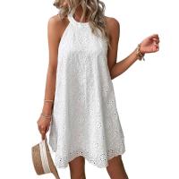 Vestido corto sin mangas para mujer, cuello halter suelto informal de color sólido para vacaciones y playa - details 0