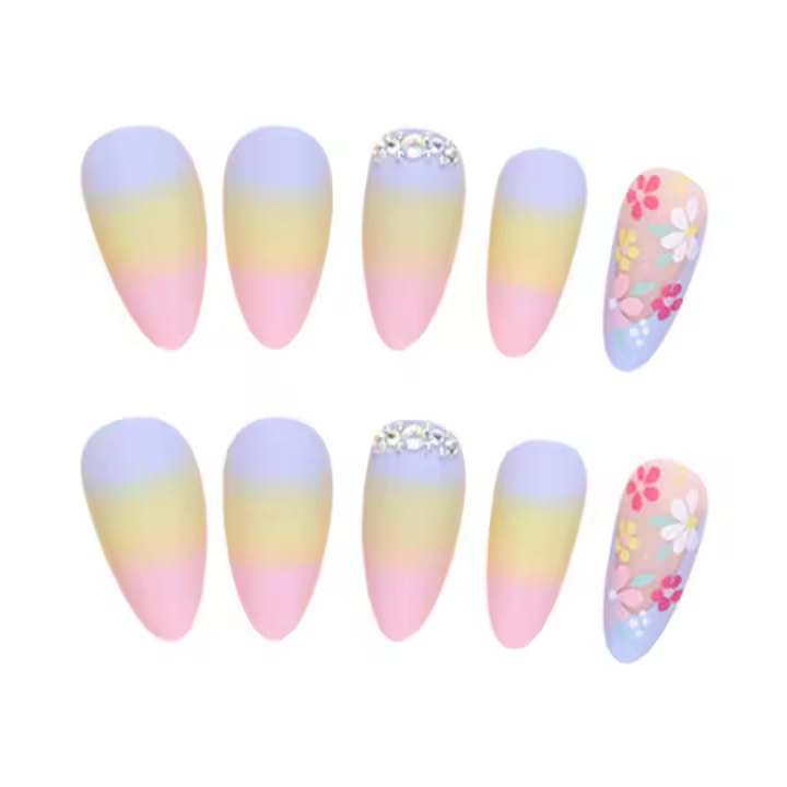 Falsas Uñas de Almendra con Patrón de Flor Colorida Fácil de Quitar, Pegamento Seguro para Compras, Viajes, Fiestas - 1