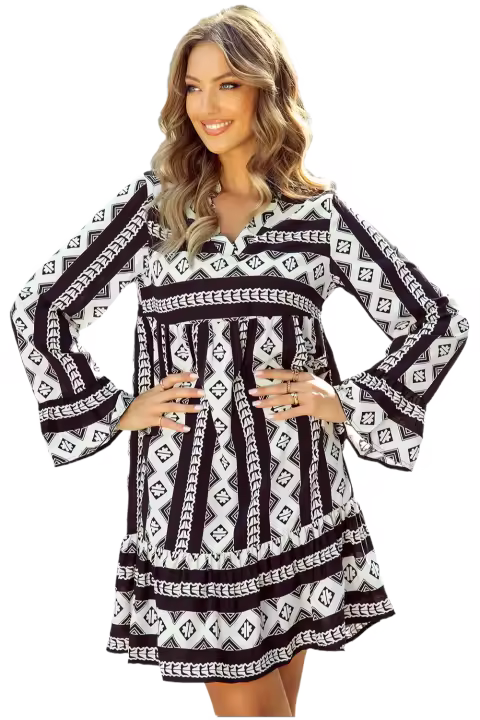 Elrachen Mini vestido acampanado con estampado geométrico bohemio para mujer, negro, tallas S-XL - 1