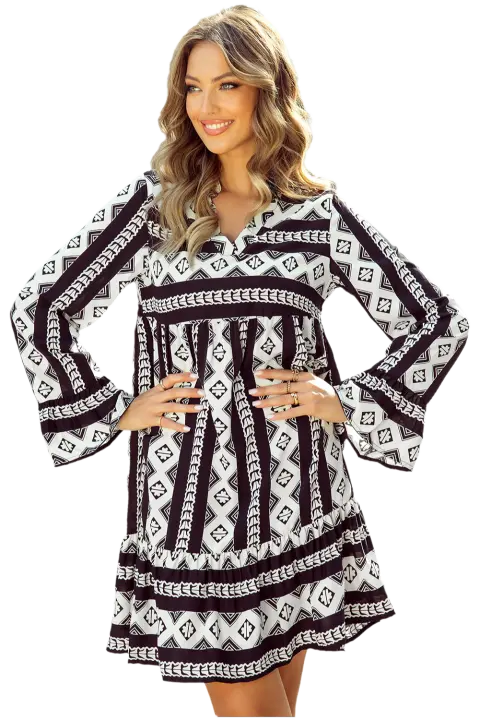 Elrachen Mini vestido acampanado con estampado geométrico bohemio para mujer, negro, tallas S-XL - 1
