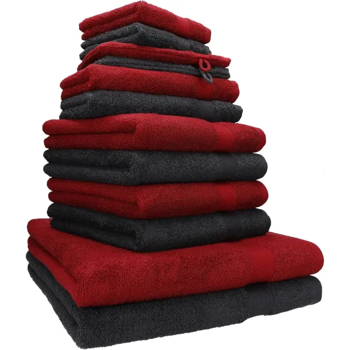 Juego de Toallas de Alta Gama 12 Piezas con Dos Toallas de Ducha, Dos Toallas de Mano, Dos Toallas para Invitados, Dos Toallas de Jabón, Dos Manoplas de Baño Rojo Rubi/Grafito - 1