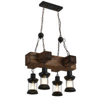 Lámpara colgante vintage industrial de metal y madera, 4 cabezales, pantalla de cristal E27, lámpara de araña de madera vintage - details 8