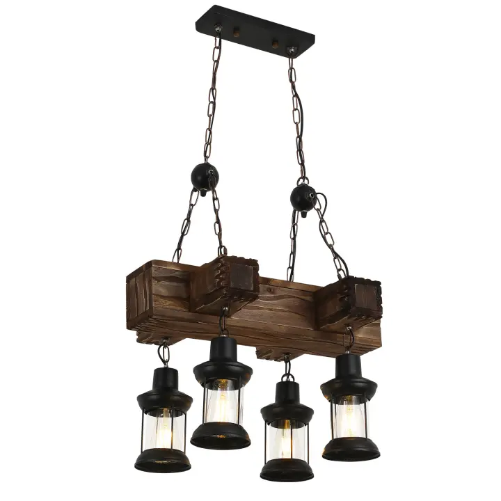 Lámpara colgante vintage industrial de metal y madera, 4 cabezales, pantalla de cristal E27, lámpara de araña de madera vintage - 1