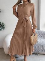 Vestido plisado elegante con cuello levantado y manga larga y cintura cerrada para mujer, vestido largo de Otoño Invierno - details 24