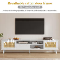 Mueble TV de ratán blanco, dimensiones 200x40x49 cm, apto para TV de 90 pulgadas, con 2 puertas de ratán, 1 cajón y 3 compartimentos abiertos - Construcción robusta, capacidad de carga 50 kg, mueble TV - details 0