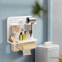Estante de plástico para secador de pelo, caja de pañuelos para lavar la cara sin perforaciones montada en la pared, soporte para pañuelos clave para ahorrar espacio de gran capacidad para el hogar - details 6