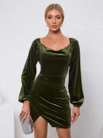 Vestido de fiesta de terciopelo de manga de burbuja de cuello Delgado para mujeres - details 4