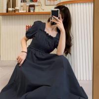 Vestido de verano para mujer, fruncido plisado, cuello cuadrado, manga corta, manga de burbuja, vestido de mujer de Color sólido, vestido Midi con dobladillo suelto - details 6