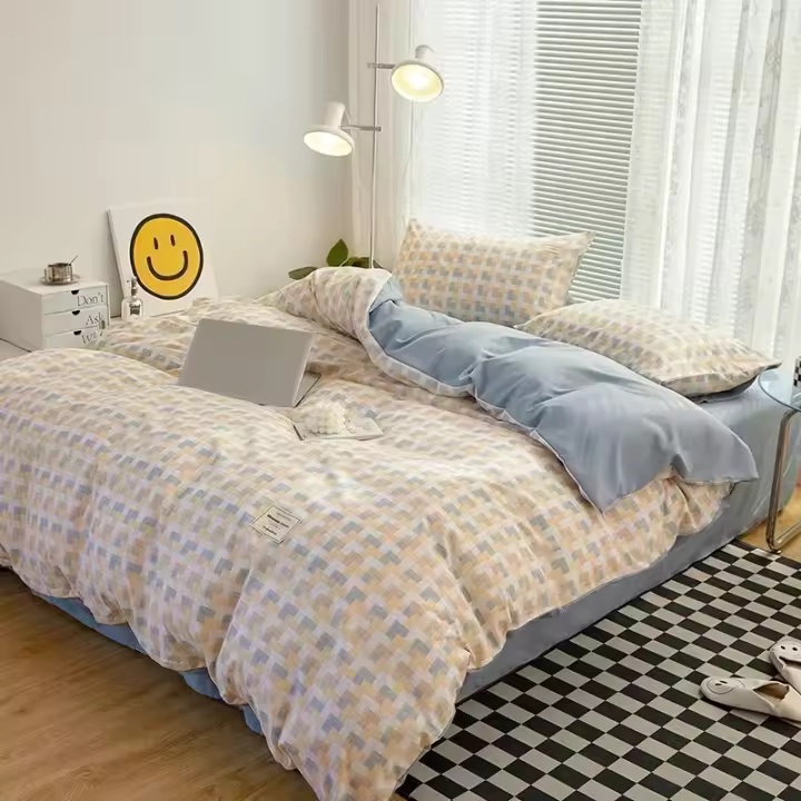 Juego de funda nórdica a cuadros japoneses, sábanas de alta calidad y respetuosas con la piel, juego de cama doble individual. - 1
