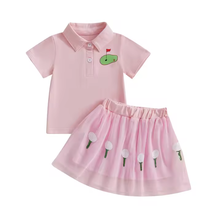 Pudcoco, trajes de verano de 2 piezas para niños y niñas, Tops con estampado de campo de Golf de solapa de manga corta, conjuntos de falda de tul de corte A 6M-4T - 1