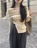 Jersey de otoño para mujer, Top Irregular con hombros descubiertos, suéter de punto negro de manga larga con base para mujer - details 3