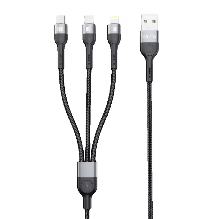 Cable de datos de carga rápida 3 en 1, 3.4A, 18W, 1M, Micro USB TO TYEP C+ Micro B+Lightning, Cable negro trenzado de poliéster de 48 hilos para iPhone, Xiaomi, Samsung - 1