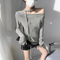 Suéter de punto para mujer, Tops de manga larga calados rasgados, jersey liso Sexy - details 9