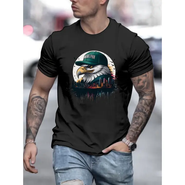 Camiseta casual de mezcla de algodón para hombre con cuello redondo y estampado de águila, manga corta - 1
