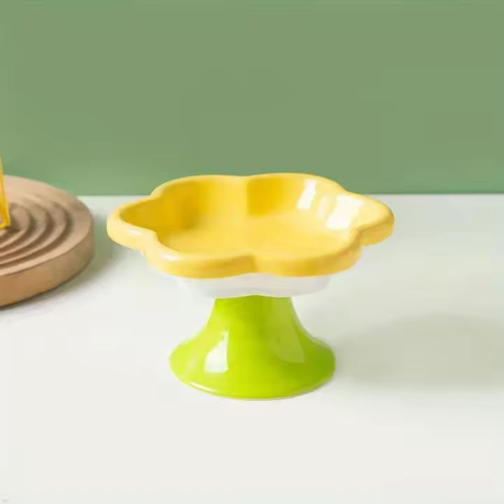 Bol de Gato de Cerámica Elevado con Diseño de Flor Plato de Alimentos para Mascotas con Soporte para Protección Cervical - 1