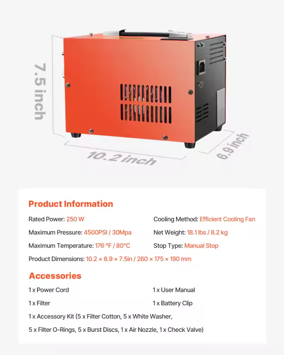 Compresor de aire SucceBuy PCP, portátil de 4500 PSI, convertidor incorporado y sistema de refrigeración por ventilador, bomba compresora de tanque de buceo y aintball - 1