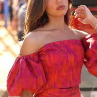 Top corto con estampado Tie Dye para mujer, traje elegante de manga corta con hombros descubiertos,conjunto de vestido ajustado - details 7