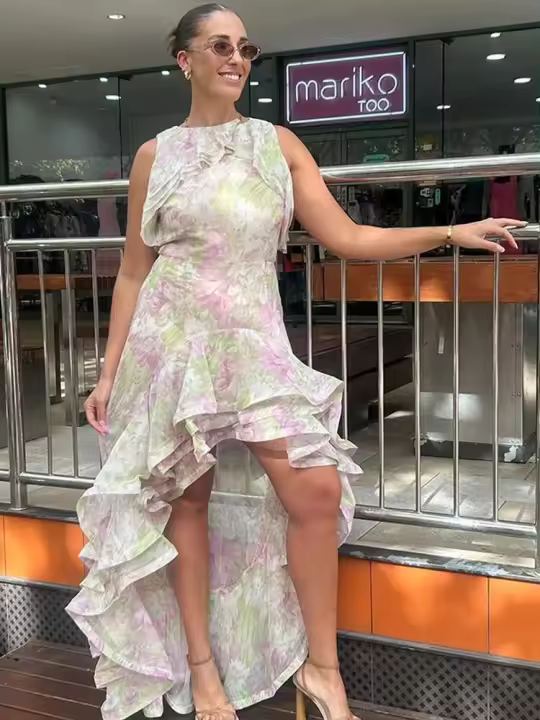 Elegante Vestido Largo de Verano Manga Sin Agujeros, Cuello Redondo, Vestido de Moda para Mujeres con Volantes en Capas - 1
