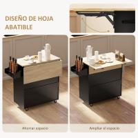 Cocina con ala abatible Carrito de cocina Mueble auxiliar de cocina con ruedas 2 puertas Cajón Especiero Toallero y estante ajustable 106x42x87 cm Negro y Roble - details 2