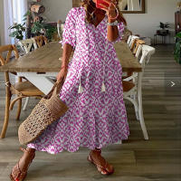 Vestido largo casual de verano y primavera, dulce, suelto, con cuello en V, estampado de barba y manga media. - details 4