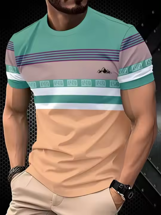 Camiseta clásica de verano para hombre, camiseta holgada de manga corta con cuello redondo para exteriores, camiseta holgada de calle con estampado de rayas, ropa de gran tamaño para hombre - 1