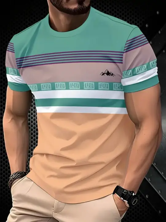 Camiseta clásica de verano para hombre, camiseta holgada de manga corta con cuello redondo para exteriores, camiseta holgada de calle con estampado de rayas, ropa de gran tamaño para hombre - 1