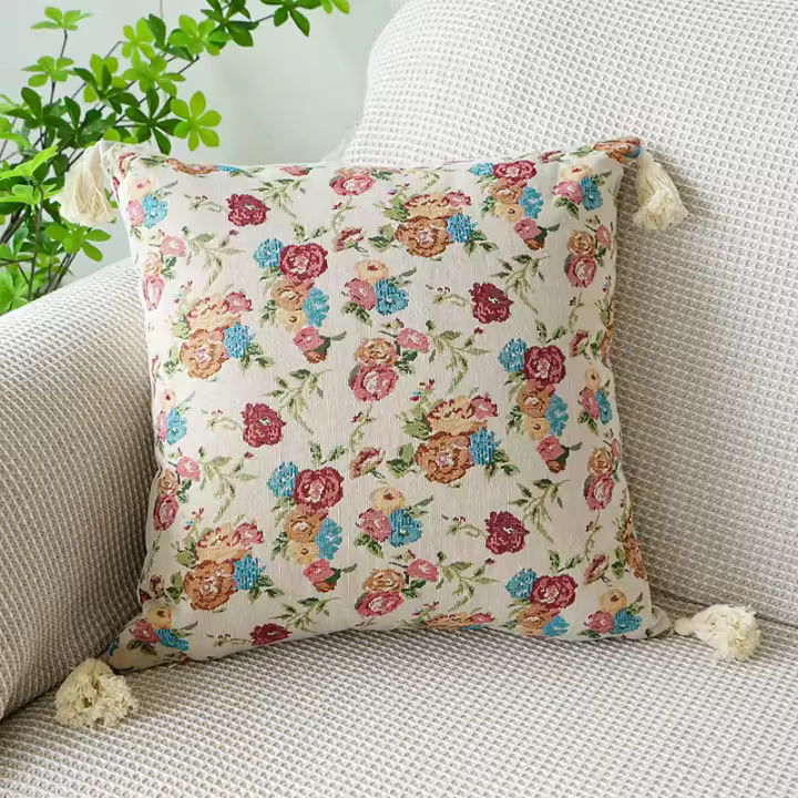 Decoración del hogar estilo INS funda de almohada de flores borlas cuadradas funda de almohada 45x45cm funda de cojín suave sala de estar/oficina - 1